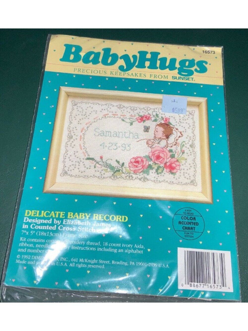 BabyHugs Delicate Baby Record Cross-Stitch Kit 7"x5" Sunset 1992 Sealed